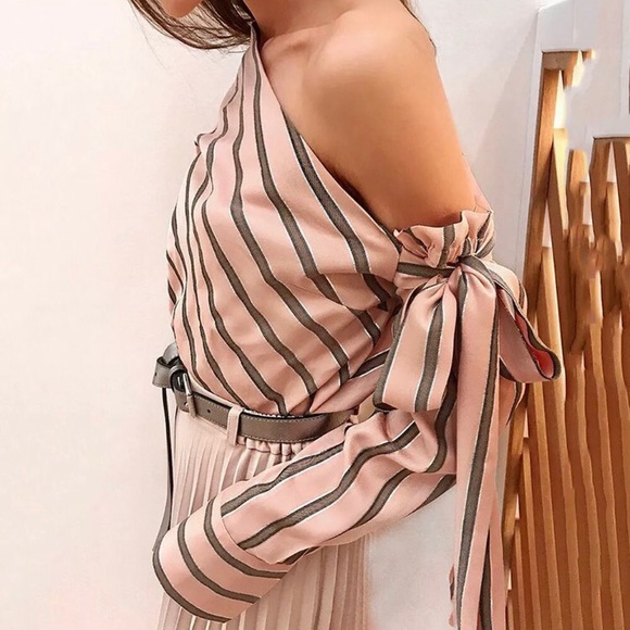 Pink/Brown Diagonal Striped One Shoulder Blouse - Picture 3 of 4